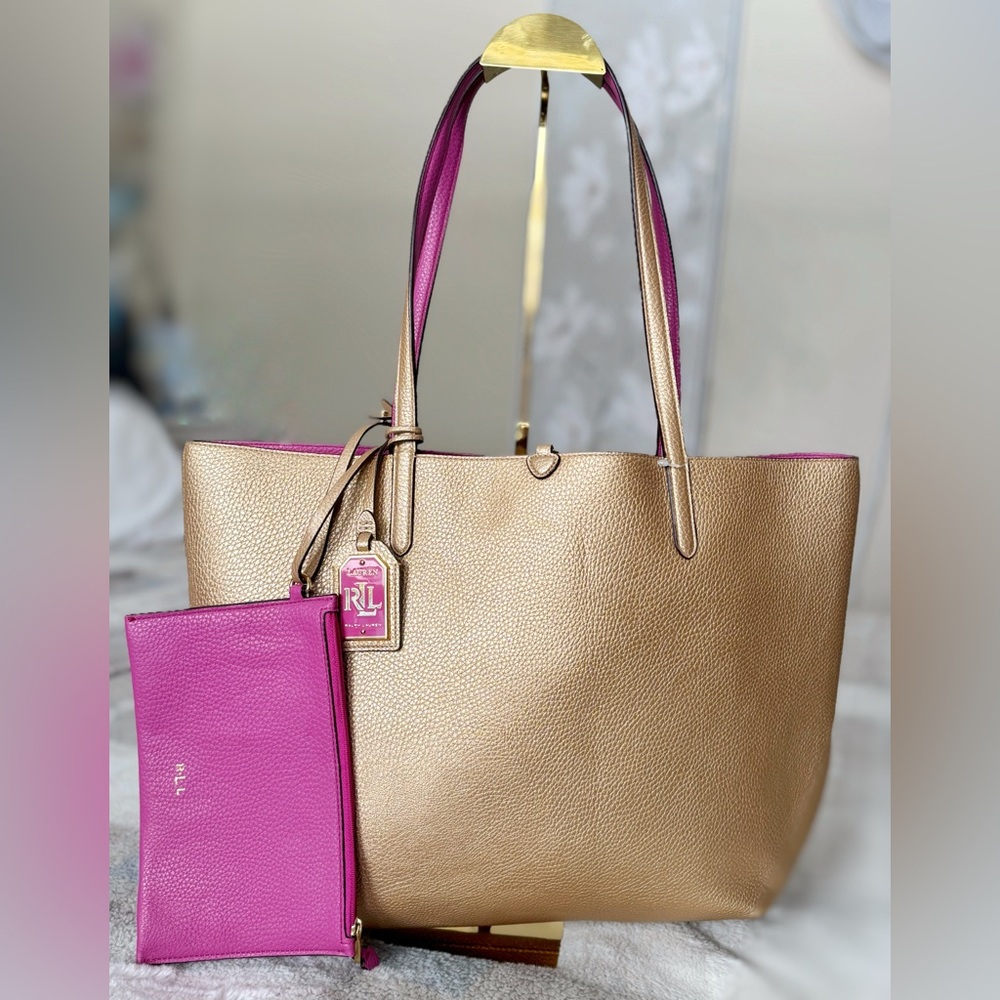 Ralph Lauren Gold Magenta Reversible Tote Bag with Detachable Pouch